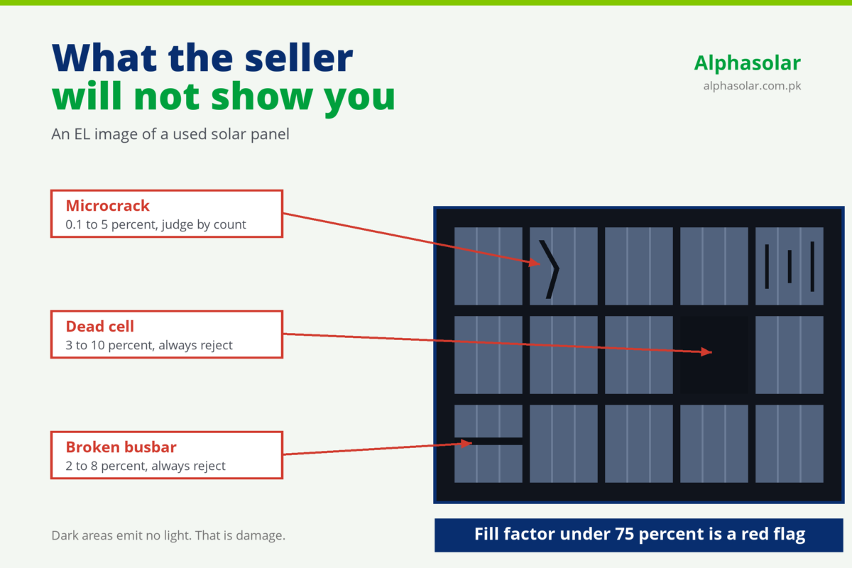 EL image of a used solar panel in Pakistan showing a microcrack, a dead cell and a broken busbar